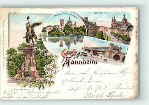Mannheim 1897 Kriegerdenkmal Stadtpark mit Sternwarte Schillerplatz Rheinbrücke Verlag Brockhoff & Schwalbe No. 1156