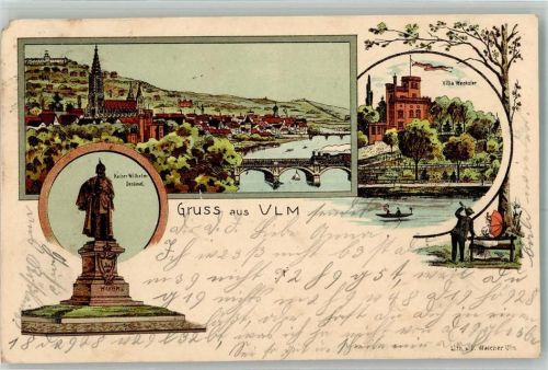 Ulm 1903 Lithographie Kaiser Wilhelm I. Denkmal Villa Wechsler
