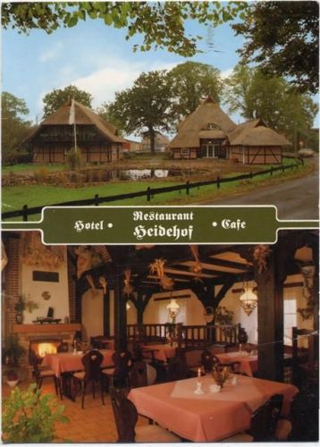 um 1990 Moraas, Hotel, Restaurant, Cafe, Heidehof, Reetdachhäuser, Teich, Kamin,Hotelprospekte Deutschland AKU1