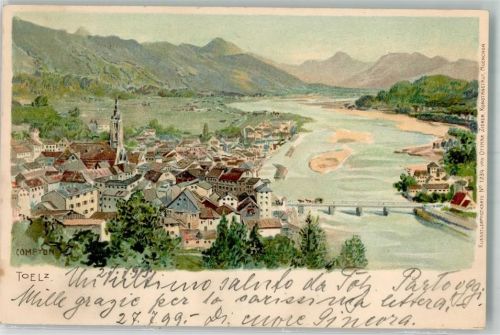 W8170 Bad Tölz Die Isar mit Kirche Mariä Himmelfahrt Verlag Zieher, Ottmar No. 1234 Compton, E. H. 1899 Künstlerkarte