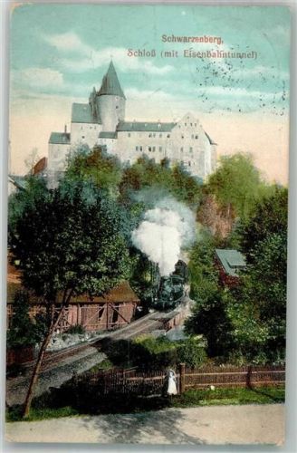 Schwarzenberg 1913 Schloss Schwarzenberg Eisenbahntunnel Dampkokomotive Bahnpost Aue-Annaberg Zug 1952