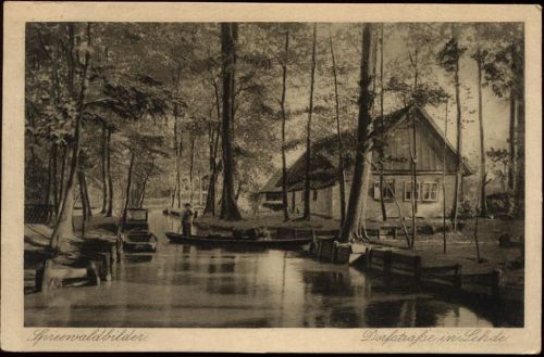 1926 Lübbenau, Spreewaldbilder, Dorfstraße in Lehde, Spreewaldhaus, Kanal, Boote,Arthur Redecker