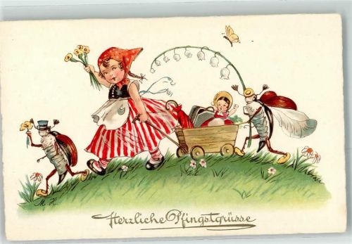 Maiglöckchen Pfingsten Glückwunsch Puppe Leiterwagen Nr 4667