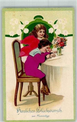 1910 Kinder mit echter Stoff Applikation, Brief schreiben . Meiglöckchen,