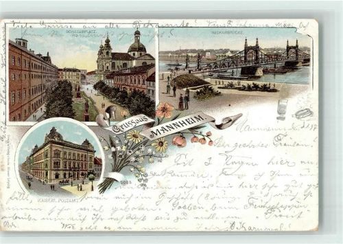 Mannheim 1897 Schillerplatz Neckarbrücke Kaiserliches Postamt Verlag Louis Glaser