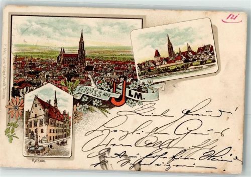 Ulm 1895 Rathaus Dom Brunnen Blumen Gruss