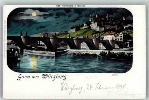 Würzburg 1898 Mainbrücke mit Festung Marienberg im Mondschein