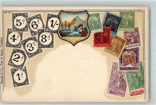 Port of Spain Briefmarken auf Ak Wappen