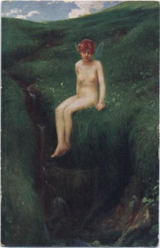 um 1910/20 Nakte Elfe, Landschaft, Quelle,