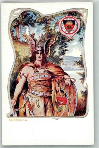 1906 sign. Alex Corbelli Jugendstil Germane Kriegerin Schulverein