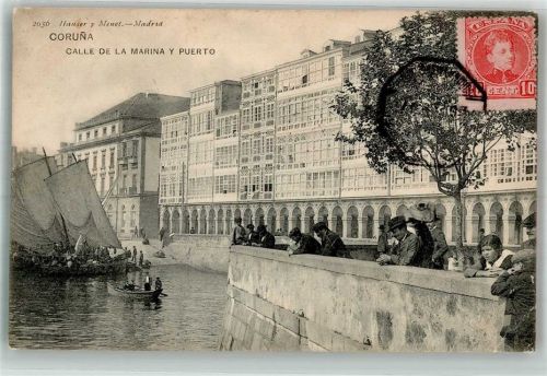 La Coruna 1907 Calle de la Marina Hafen Marke bildseitig Hauser y Menet