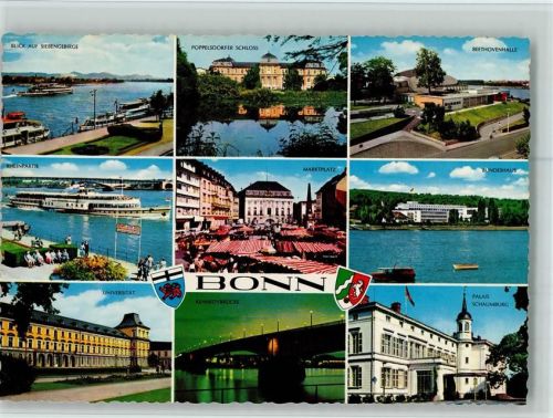 Bonn Blick auf Siebengebirge Poppelsdorfer Schloss Beethovenhalle Rheinpartie Marktplatz Marktszene Bundeshaus Universität Kennedybrücke Palais Schaumburg