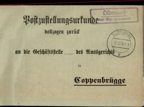 Oldendorf Post-Zustellungsurkunde, Landpoststempel