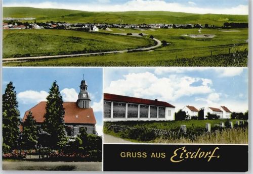 Eisdorf Gesamtansicht Feld Haus Baum Kirche Zaun