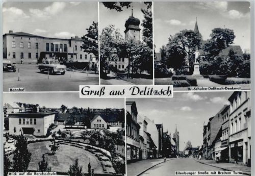 Delitzsch Bahnhof, Berufsschule, Eilenburger Straße, breiter Turm, Denkmal, Kirche