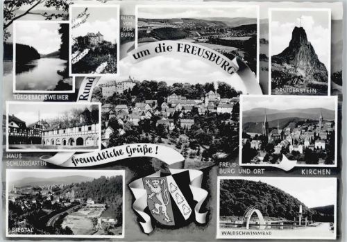 Freusburg Foto-Karte, Druidenstein, Haus Schlossgarten, Freusburg, Kirche, Schwimmbad