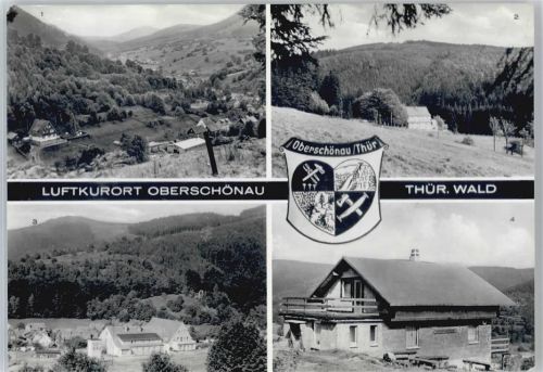 98587 O6081 Oberschönau , Thür - Blick vom Zimmerbachtal in Kanzlersgrund, Erholungsheim, Ski- und Wanderhütte am Hermannsberg