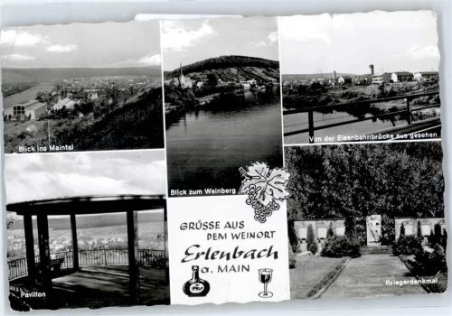 Erlenbach Blick ins Maintal, Pavillon, Kriegerdenkmal, Blick von Eisenbahnbrücke, Blick zum Weinberg