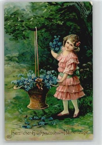 1913 Kind mit Korb voll Vergissmeinnicht Namenstag