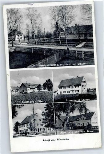 Grasheim Gasthaus Müller, Schreinerei Müller, Gasthaus Karman, Kirche, Pfarrhof, Schule, Handlung Jak. Breu