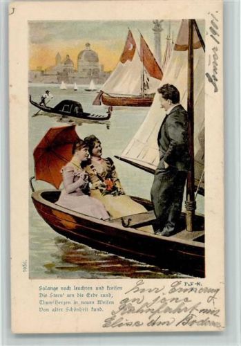 Fotomontage - Gedicht - Zwei Frauen mit Regenschirm im Segelboot , ein Herr steht dabei 1901 AK