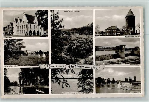 Haltern Rathaus Overather hof Stever am Heimingshof Westruper Heide Blick vom See auf die Stadt Siebenteufelsturm Walzenwehr Stadtmühle Segelboot