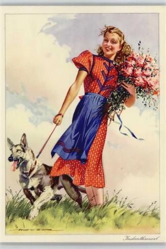 Frau im Dirndl mit einem Schäferhund - Farbenfroh wie die Natur