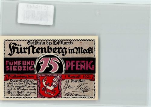 Fürstenberg Notgeld 75 Pf. Sanatorium