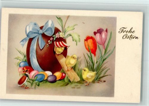 1952 Ostern - Großes Ei als Haus für die Küken, vermenschlichter Maikäfer AK