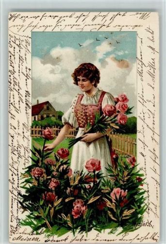 1902 sign Mailick - Frau pflückt Rosen, passepartout AK