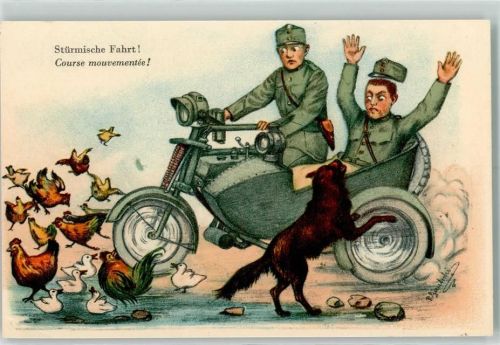 Motorrad mit Beiwagen Hühner sign. Künstlerkarte