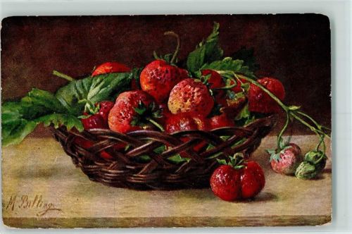 Stilleben Erdbeeren Früchte AK Billing, M. Gebrauchsspuren