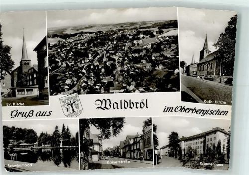 Waldbröl Evangel. Kirche Kath. Kirche Schwimmbad Kaiserstraße Krankenhaus Rückseite mit Abschürfungen bzw Kleberesten