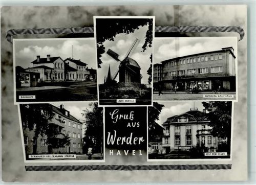 Werder Rückseite mit Abschürfungen und Kleberesten Bahnhof Alte Mühle Windmühle Konsum-Kaufhaus Bernhard-Kellermann-Straße Rat der Stadt
