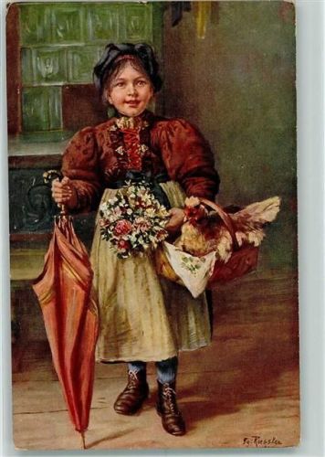 Frau mit Schirm und Korb mit Huhn sign. Rassler