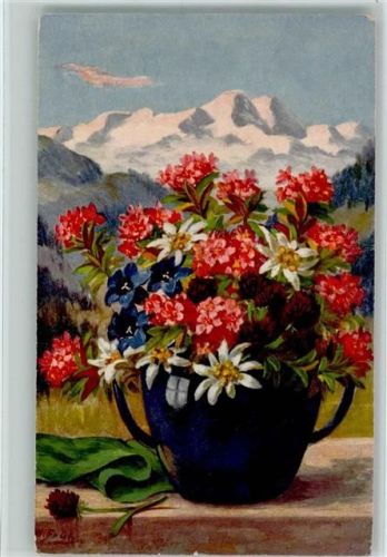 Blumenvase mit Alpenblumen AK