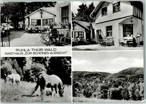 Ruhla Gasthaus Zur schönen Aussicht Pferde Rückseite mit Abschürfungen bzw Kleberesten