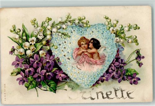 Blütenherz Engel Maiglöckchen AK mit Glimmerauflage Blütenbild 1902 AK mit Glitzer