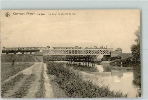 Comines 1915 La Lys - Le Pont du chemin de fer, Eisenbahnbrücke mit Eisenbahn AK