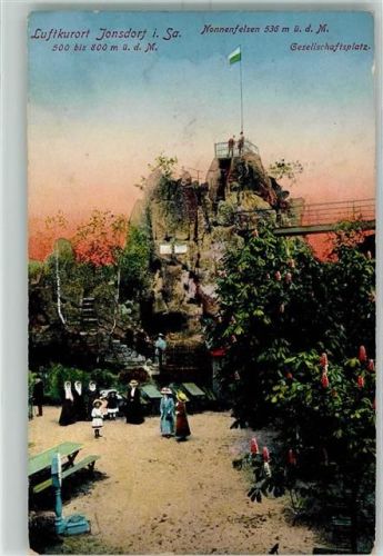 Kurort Jonsdorf 1913 Nonnenfelsen Fahne Brücke Gesellschaftsplatz Stempel Nonnenfelsen