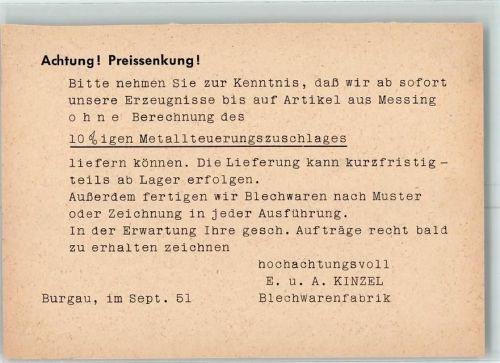 Burgau Werbekarte Kinzel Blechwarenfabrik