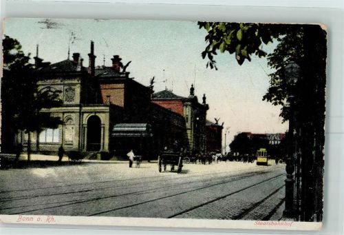 Bonn 1915 Staatsbahnhof Kutsche Straßenbahn Fahrrad Karren Pferde