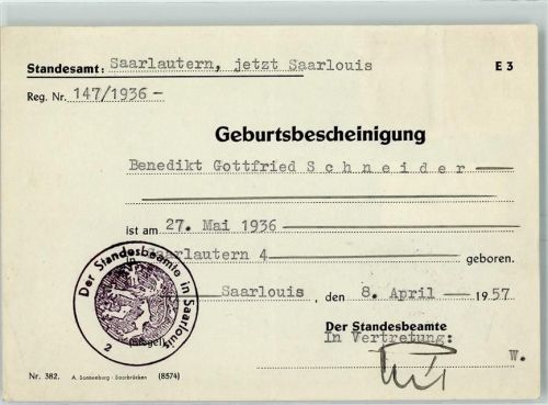 66740 W6630 Saarlouis - Dokument Geburtsbescheinigung 1957 Stempel Standesbeamte