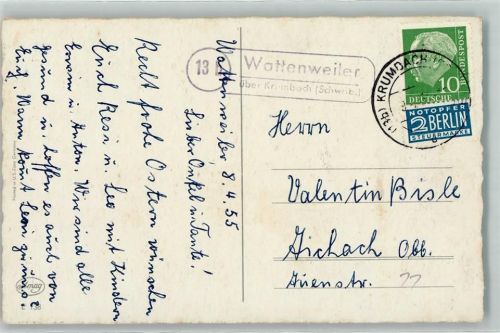 Wattenweiler Landpoststempel über Krumbach Schwab.