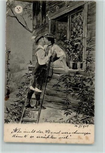 1902 Verlag Scolik - Serie 860-3 Fensterln - Poesie - Der innige Kuss auf der Leiter AK