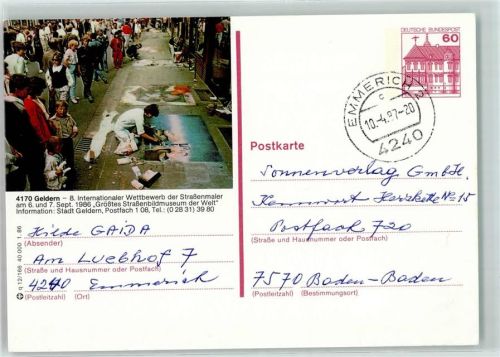 Geldern Ganzsache 8. Internationaler Wettbewerb der Straßenmaler am 6. und 7. September 1986