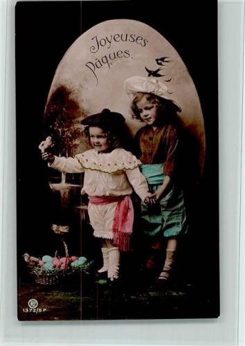 1908 Ostern Serie 1372-5 P - Joyeuses Paques - Kinder mit Vögel und Ostereier, handcoloriert , gute Erhaltung AK