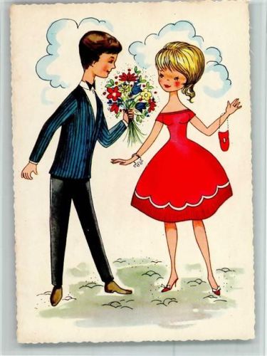 Serie 900/111 Liebespaar - Blumen schenken AK