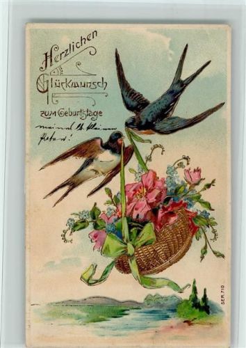 1911 Geburtstag - Schwalben fliegen mit einem Blumenkorb, gut Erhaltung AK