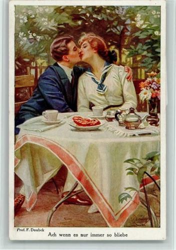 Der Kuss an der Kaffeetafel - gedeckter Tisch , gute Erhaltung AK